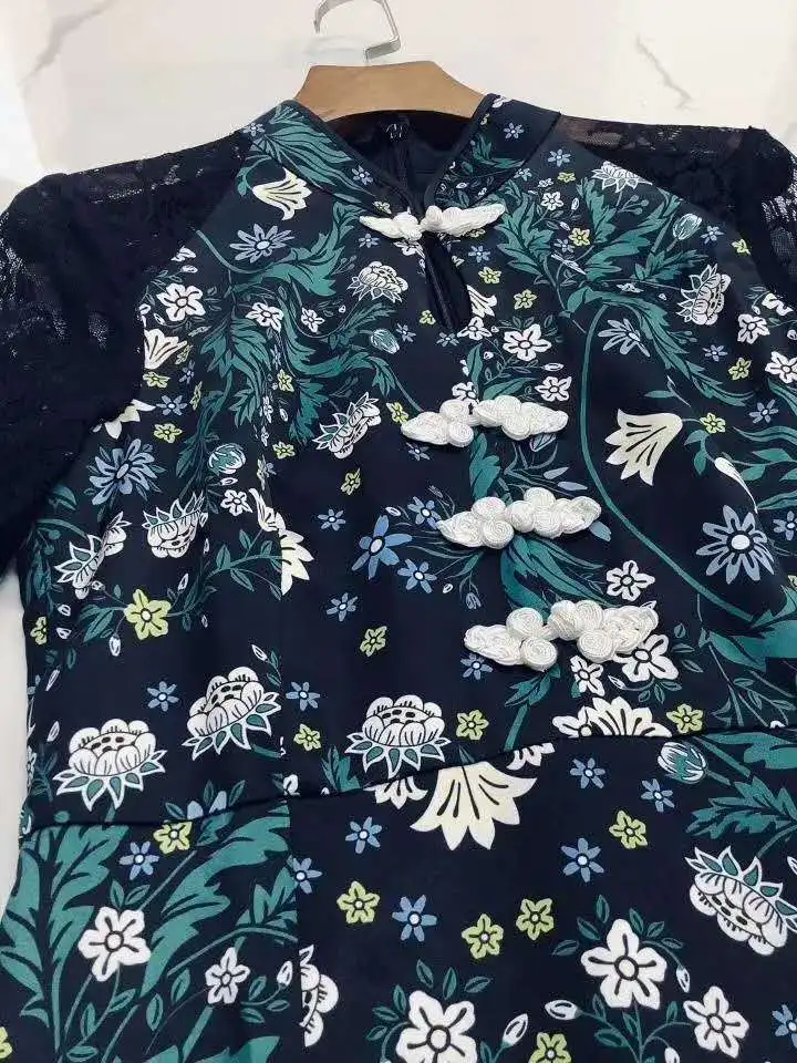 

High Quality Brand Chinese Dress 2020 Summer Ladies Eleagnt Floral Print Sexy Tulle Lace Patchwork Knee-Length Mermaid Dress