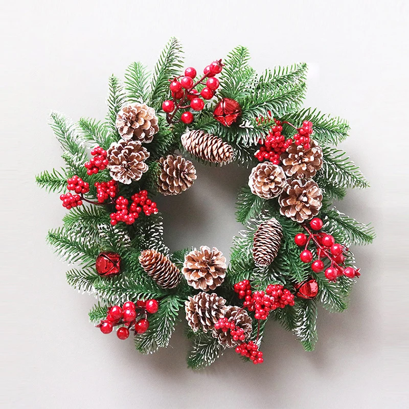 

20 inch Christmas Door Wreath Unique White Pinecone Red Fruit Frosted Flocking Pendant Decor for Front Door, Window|Wreaths & Ga