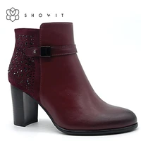women shoes fall winter season womens ankle boots high square heel with strap high quality faux leather and diamonds lady shoes
