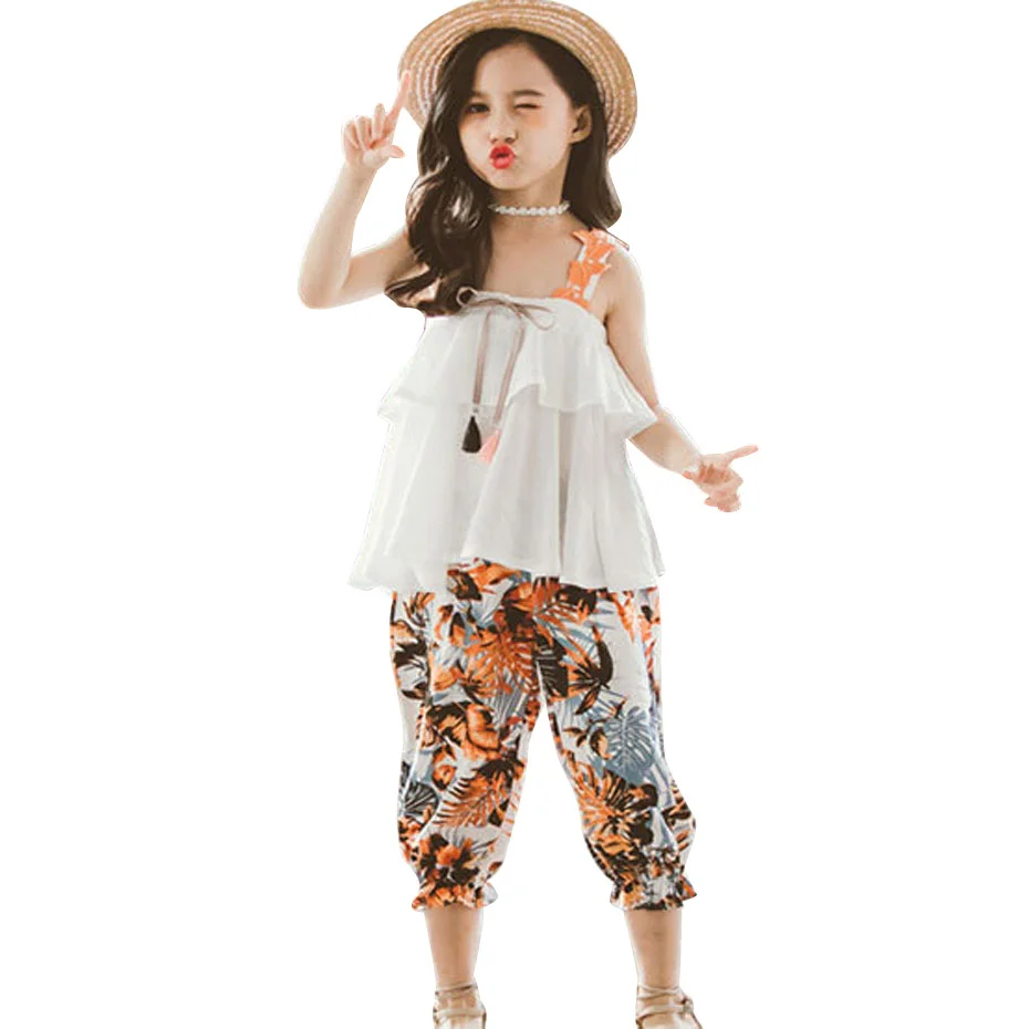 

Ropa de verano para niñas, chaleco liso + Pantalones florales, trajes de 2 uds., conjunto de ropa para niñas adolescentes, 6, 8,