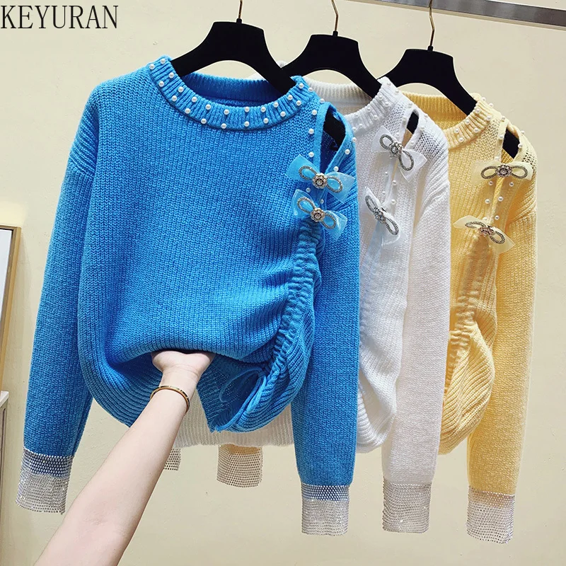 

Fashion Peals Beaded Diamonds Solid Color Cropped Sweater Women 2021 Autumn New Lady Long Sleeve Loose Knitted Tops Outerwear