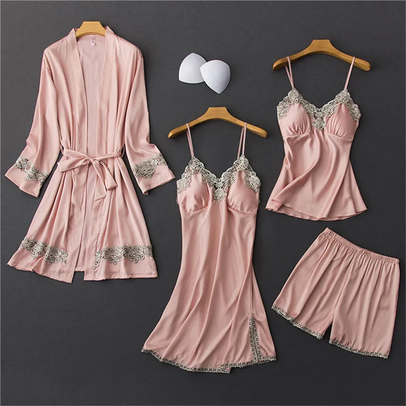 Женская пижама Daeyard шелковый халат и шорты на бретельках комплект из 4 предметов