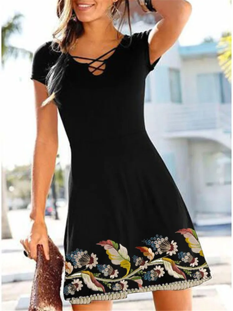 Платье женское ТРАПЕЦИЕВИДНОЕ с принтом, пляжная одежда, Бандажное с V-образным вырезом и коротким рукавом, лето