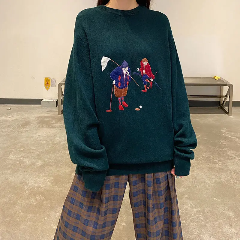 

2020 Autumn and Winter Korean Style Loose embroidery vintage Pullover Knitted Sweaters Womens (X1615)