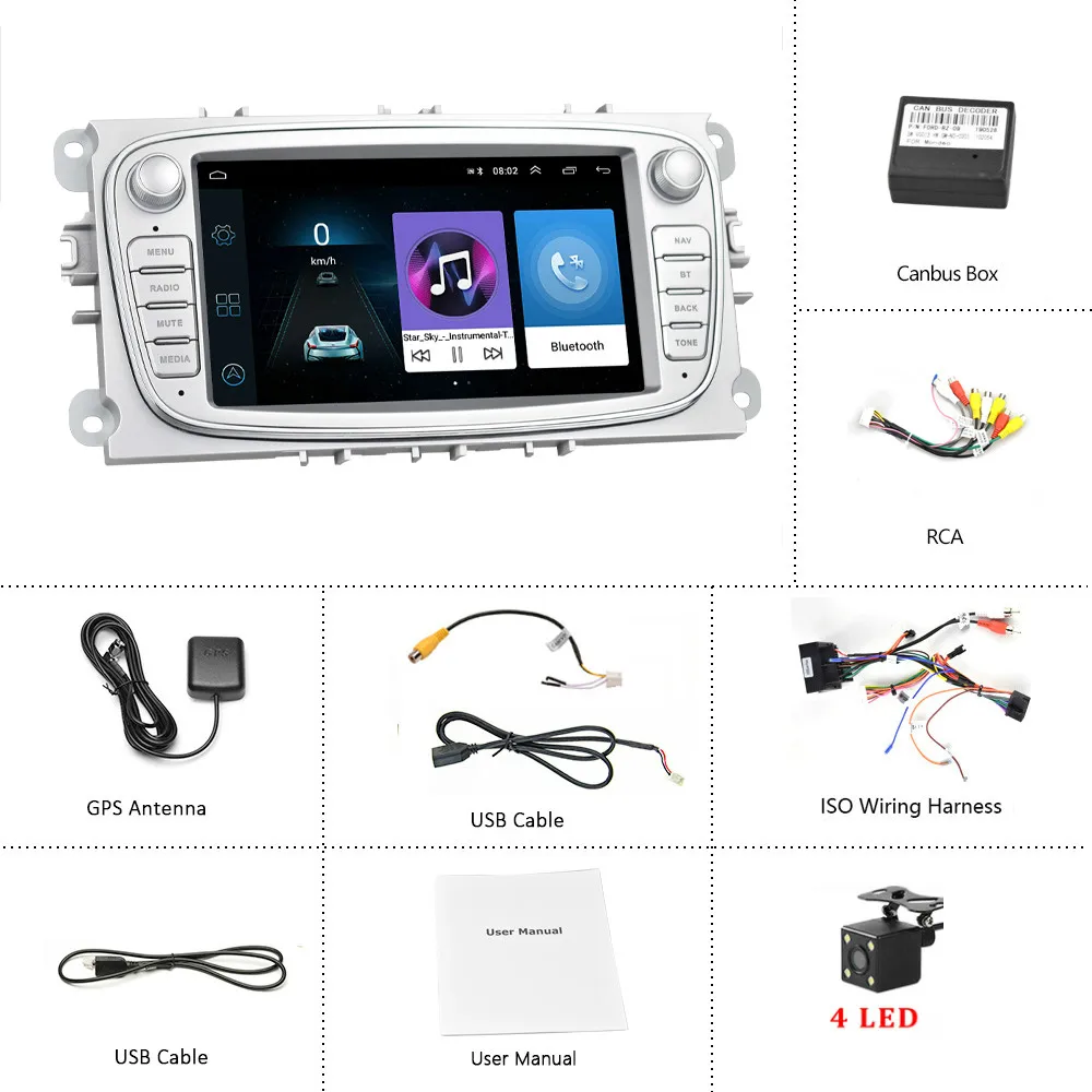 With 4 LED Camera Hikity 2din автомобильный радиоприемник " Зеркало Ссылка проигрыватель Android gps wifi Bluetooth CANBUS для Ford Focus Mondeo C-MAX S-MAX Galaxy II Kuga - Цвет: With 4 LED Camera