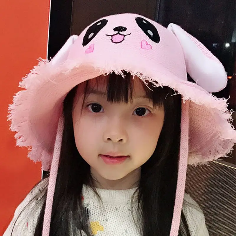 

Children Kids Cute Rabbit Ears Animal Bucket Hat Toddler Sun Protection Wide Brim Tassels Funny Moving Airbag Knitted Beanie Cap