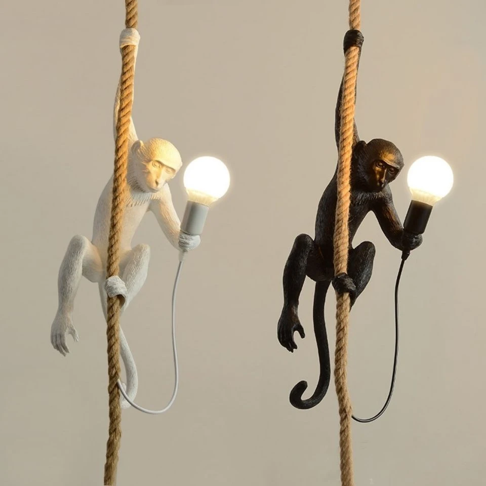 

Resin Gold Black White Monkey Lamp Animal Lighting Loft Hemp Rope Pendant Lamp Luminaires Bar Cafe Includes E27 Light Fixtures