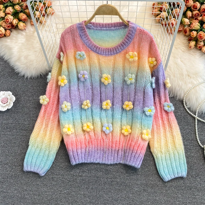 Autumn Winter Korean Style Chic Sweet O-Neck Sweater Fashion Gradient 3D Flowers Knitted Tops Loose Long Sleeve Pullover | Женская