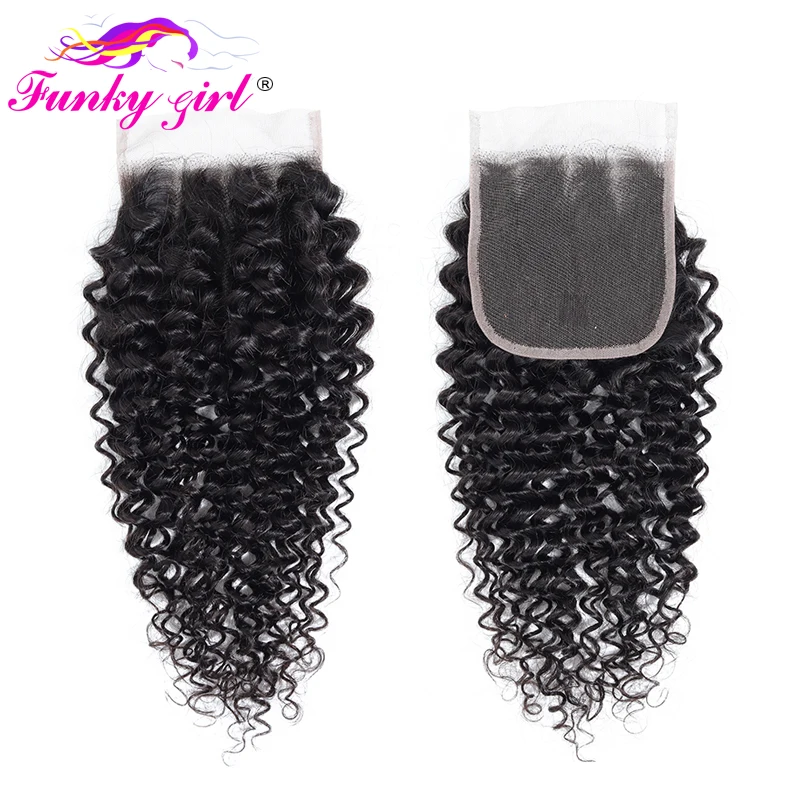 Funky Girl Malaysia Kinky Curly Hair 3 or 4 Bundles with Closure Free Part Human Weave With Non-Remy | Шиньоны и парики