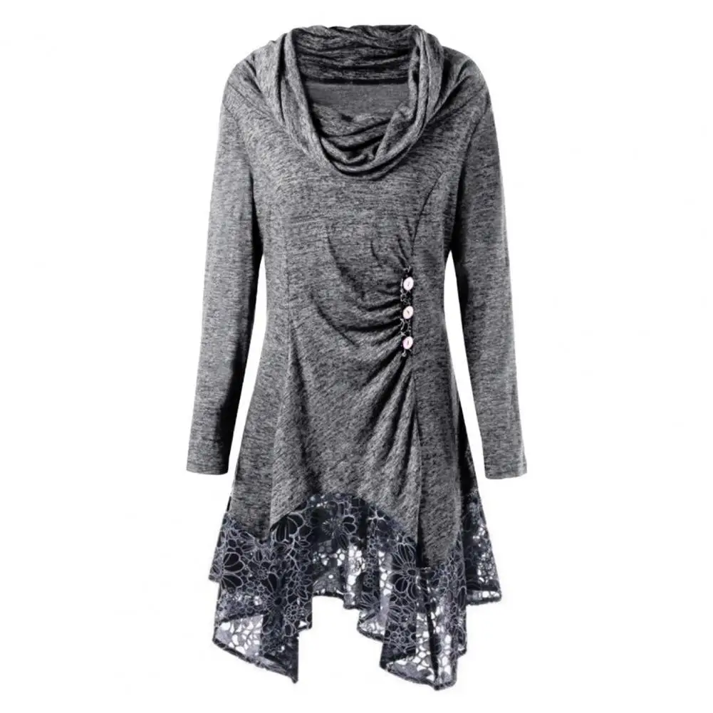 

New Autumn Women Mini Dress Buttons Decor Lace Splicing Hem High Collar Draped Long Sleeve Women Dress