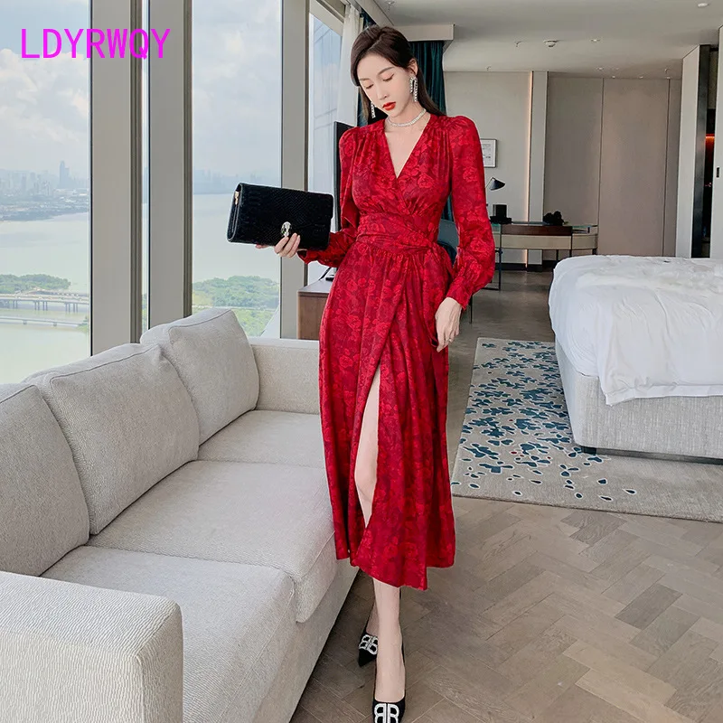

Женское винтажное офисное платье до колена, красное платье с запахом, V-образным вырезом и принтом, на молнии, осень 2021