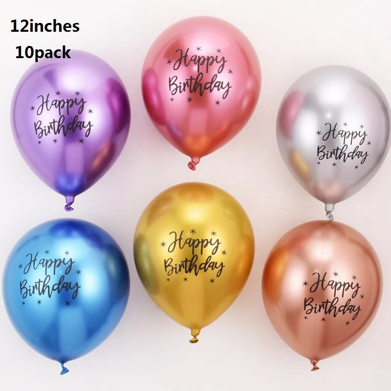 

12 Inch Chrome Balloon Metal Latex Happy Birthday Printed Pattern Baby Shower Balloon Metal Birthday Party Decoration