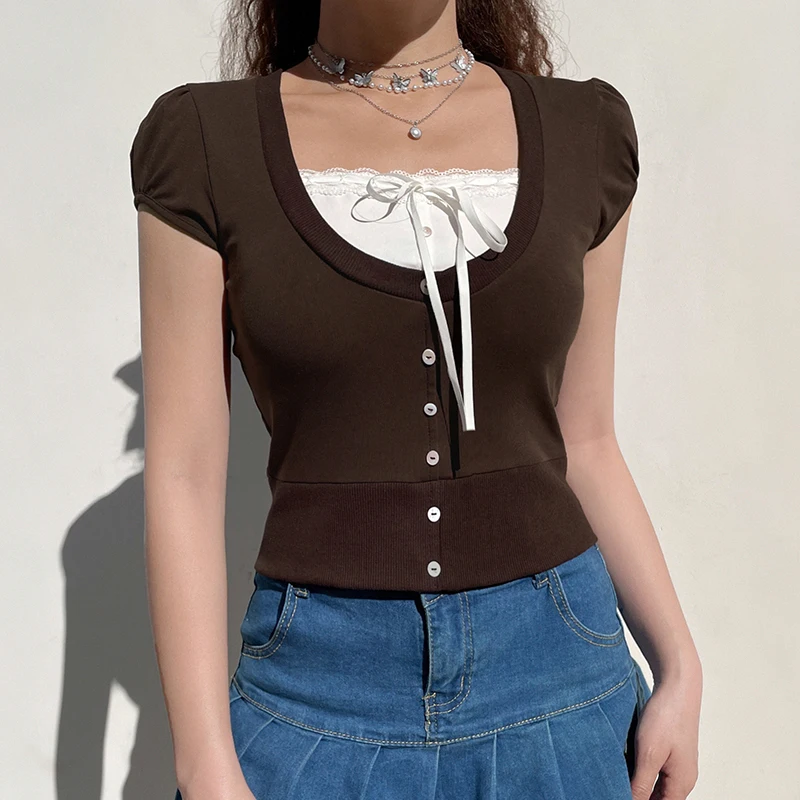 

Женская укороченная футболка составного кроя в стиле Харадзюку Y2K, летняя футболка в стиле ретро, Милая футболка с коротким рукавом