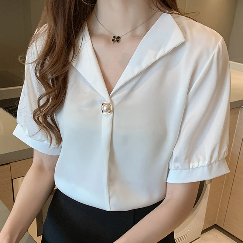 

Blouse Women 2021 Women Blouses Short Sleeve White Blouse Women Shirts V-neck Chiffon Blouse Shirt Women Tops Blusas Mujer