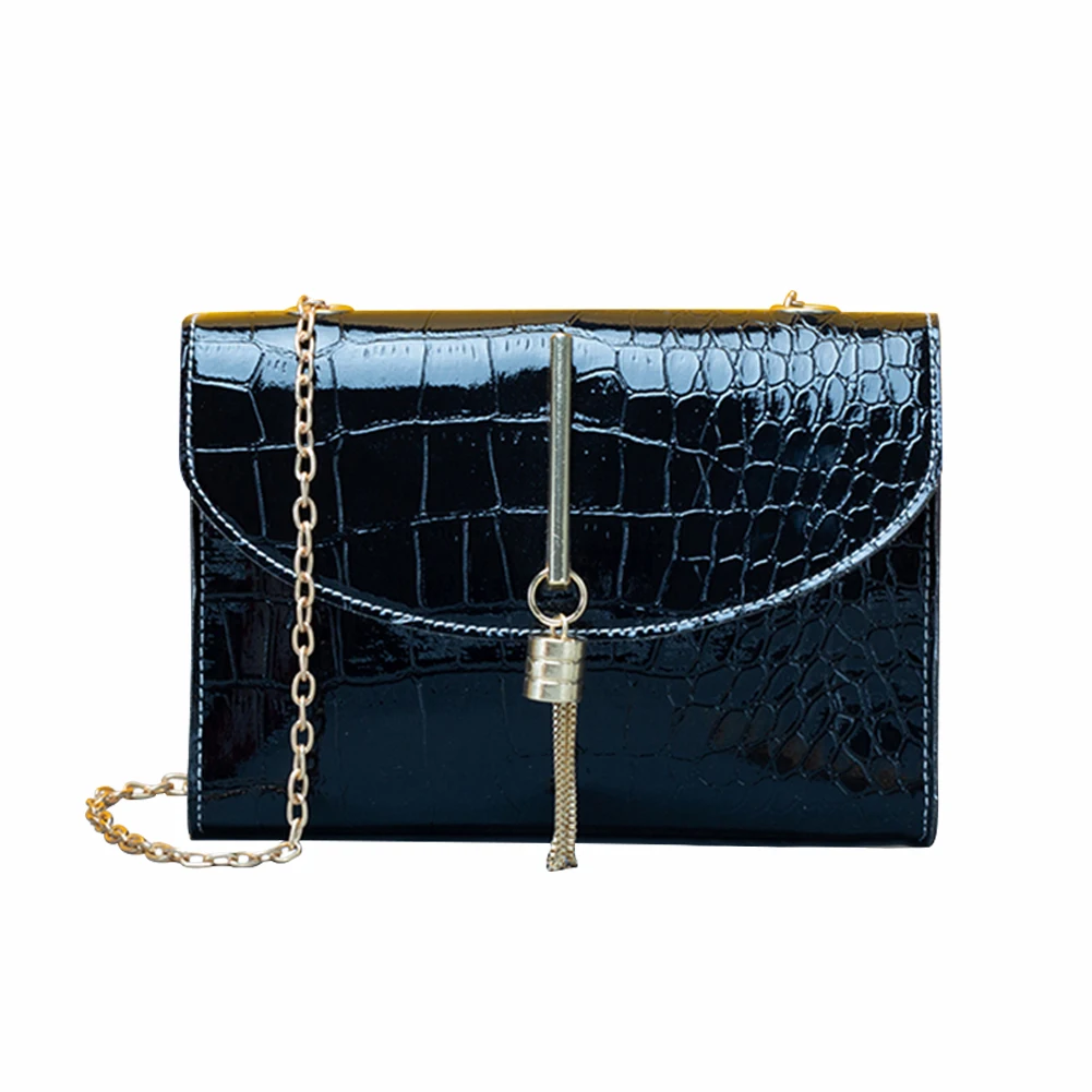 

Women Fashion PU Leather Alligator Pattern Shoulder Bag Ladies Pure Color Designer Messenger Bag Chain Tassel Crossbody Bag