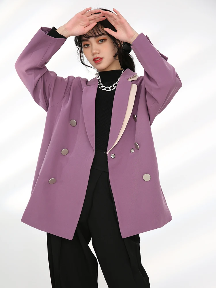 

LANMREM Women's Spring New 2021 Purple Blazers Color Block Patchwork Notedch Collar Long Sleeve Oversized Suit Coat Famale 2A587