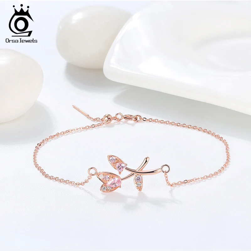 ORSA JEWELS браслет из чистого серебра с цирконием АААА в форме листа тонкая цепочка