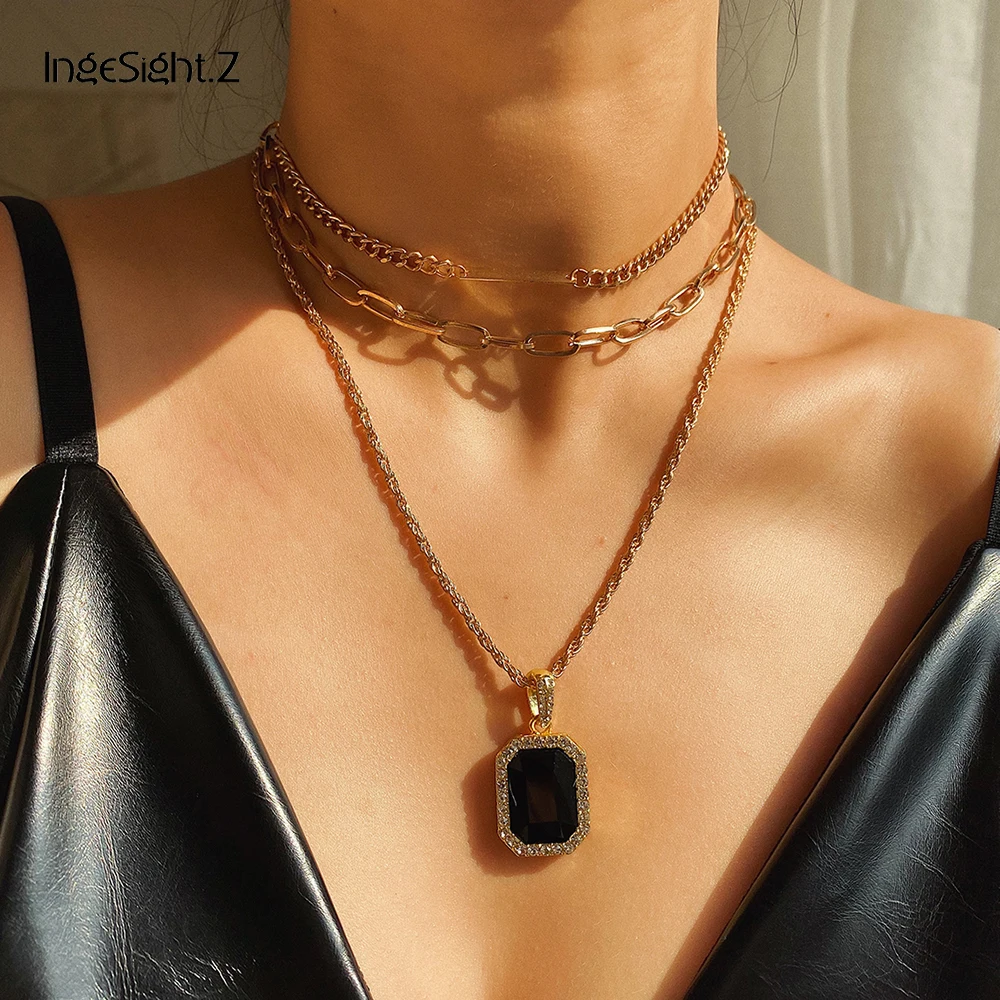 

IngeSight.Z 3Pcs/Set Punk Multilayer Luxury Black Crystal Pendant Necklace Retro Twist Rope Chain Choker Necklace Collar Jewelry