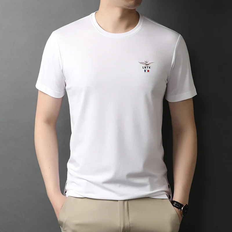 

Summer thin mulberry silk t-shirt men's casual round neck youth trend embroidery men's half sleeve men's loose top