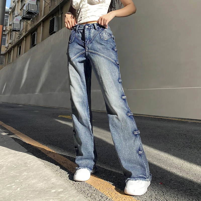

WeiYao Vintage Low Waist Flared Jeans Woman Patchwork Pockets Streetwear Cargo Pants Casual 90s Denim Trousers Grunge