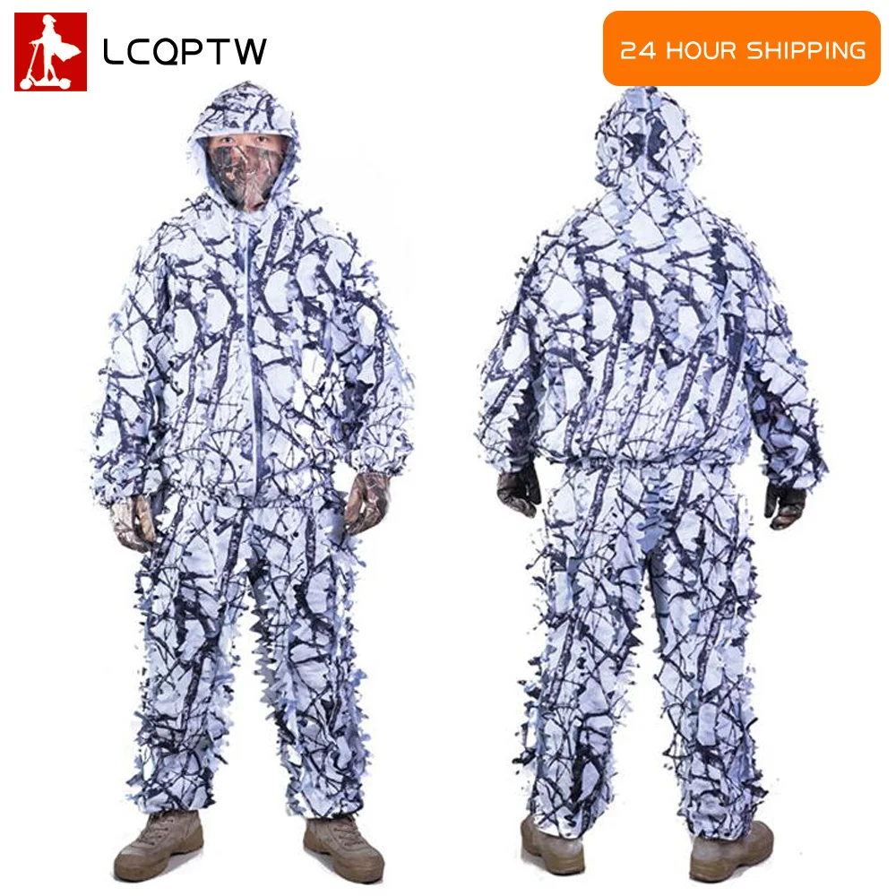 Sniper CS-traje de camuflaje biónico 3D para hombre, traje Ghillie de hoja de arce, ropa de caza de nieve blanca, conjunto completo de camuflaje Invisible, Invierno