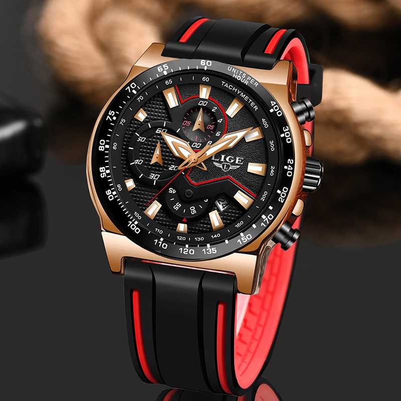 Часы LIGE мужские кварцевые водонепроницаемые с силиконовым ремешком|Кварцевые