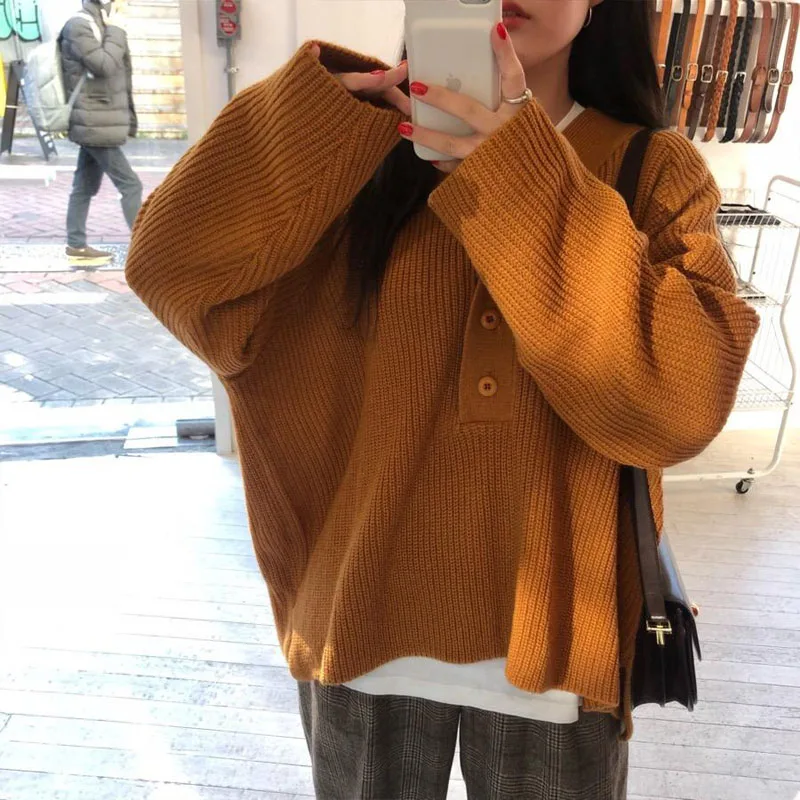 Женский пуловер с длинным рукавом свитер в стиле ретро Однотонный V-образным
