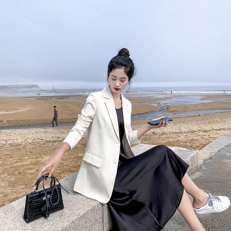 Женский однобортный офисный Блейзер пиджак в Корейском стиле с длинным рукавом