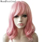 Парик WoodFestival для женщин, искусственные волосы, короткий, розовый, с челкой, для косплея, прямые, для вечеринок, 16 дюймов