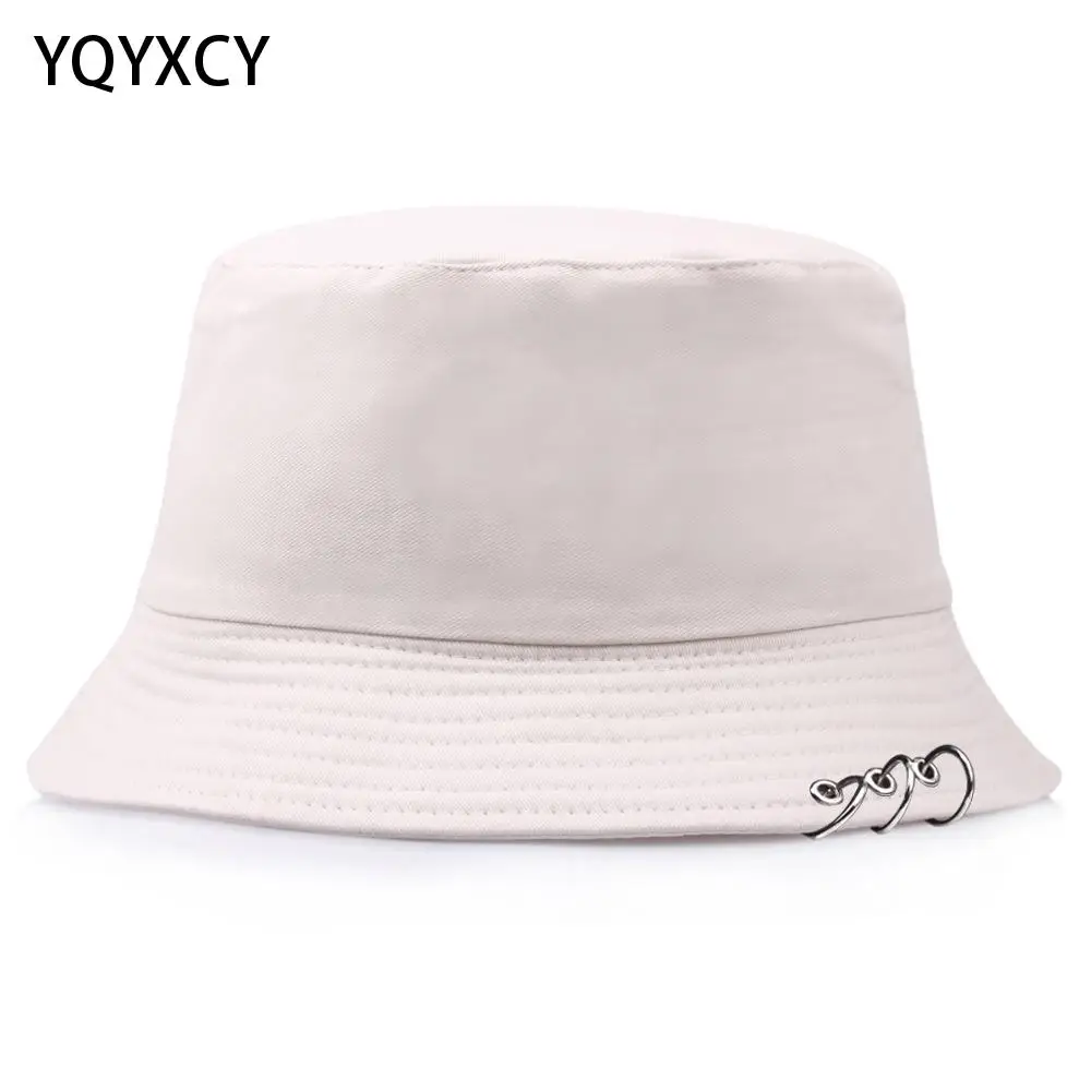 

YQYXCY Bucket Hat Women Men Summer Spring Fisherman Cap With Rings Hip Hop Flat Top Solid Color Korean Fashion Bob Gorro Kpop