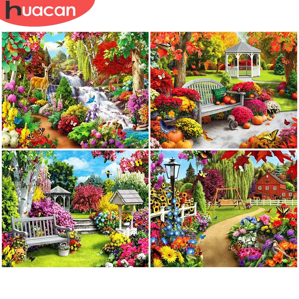 

Алмазная 5D картина HUACAN для творчества, пейзаж, сад, полная квадратная фотомозаика, стразы, цветок, украшение для дома