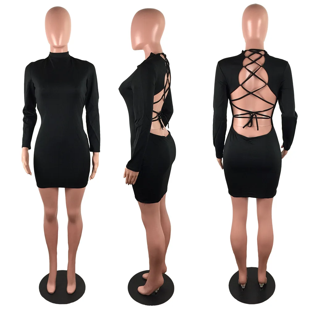 Женское мини платье с открытой спиной Бандажное вечерние платья длинным рукавом