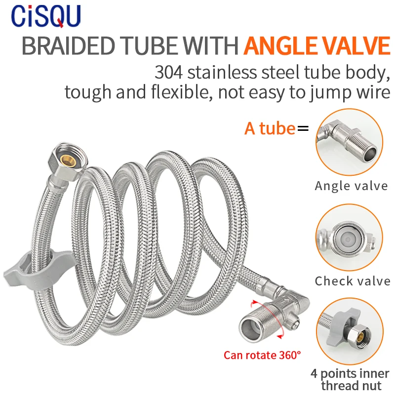 

304 Stainless Steel Braided Pipe Hot And Cold Water Inlet Valve With Non-Return Hose 1/2'' Toilet Water Heater Connecting Pipe