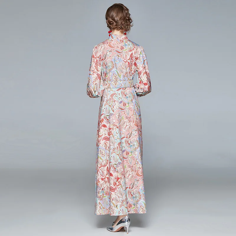 

Autumn Fashion New Women Stand Neck Lantern Sleeve Shirt Long Dress Elegant Ladies Print Floral Holiday Dresses Vestdios