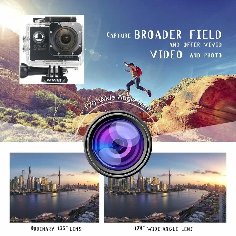 Спортивная экшн-видеокамера WIMIUS Q2, Full HD 1080 P, WiFi, 12 МП, 30 м, водонепроницаемая камера для подводной съемки, 170D, 2,0 дюйма, с ЖК-экраном