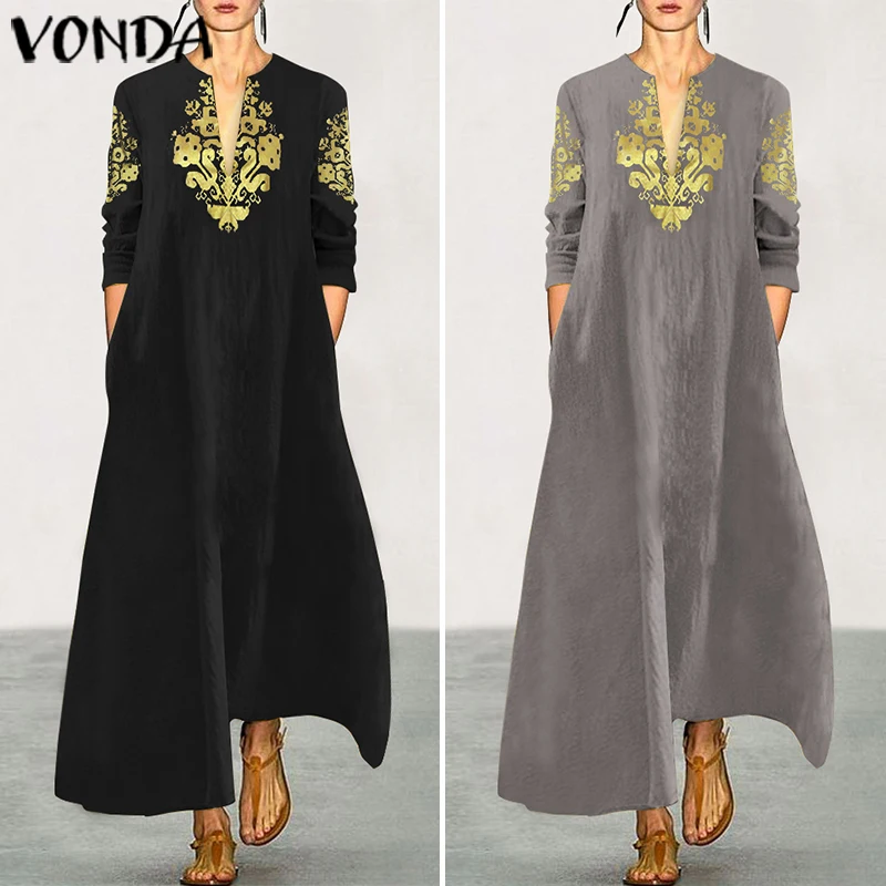 Длинное платье макси VONDA, женские винтажные повседневные свободные Сарафаны с принтом, женские сексуальные хлопковые вечерние платья с v-образным вырезом, большие размеры, женское платье