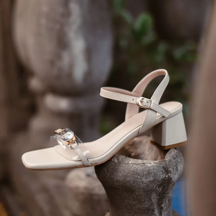 

New Fashion Women Sandals Summer One Word Tape Leather Sheepskin Chunky Heel Buckle Strap Modern Sandals Elegant Party Shoes