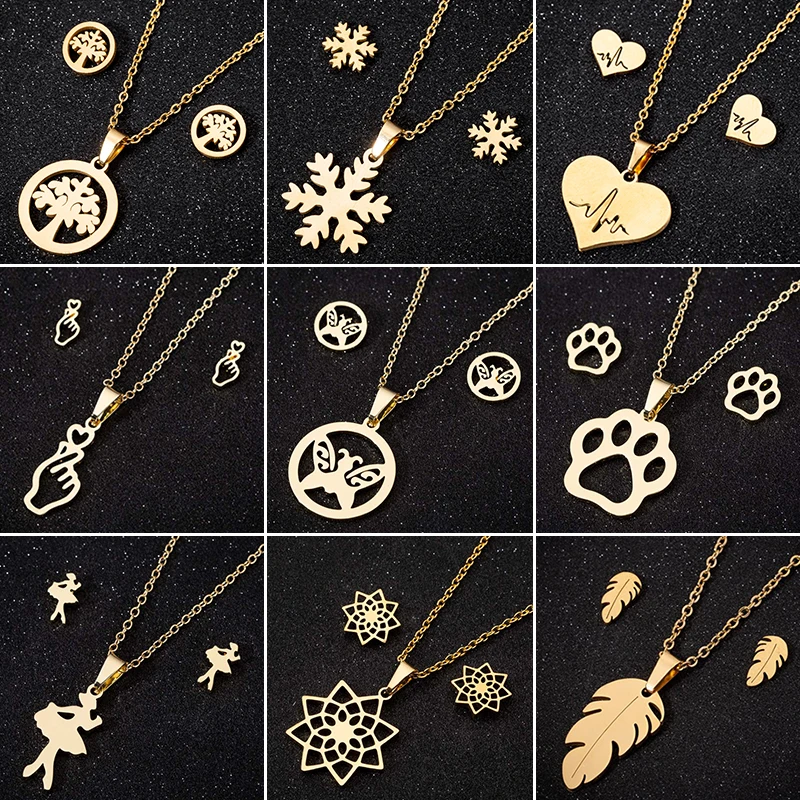 

Bijoux Stainless Steel Snowflake Necklace Women Gold Jewelry Set Fashion Heartbeat Footprint Leaf Ballet Earrings Wholesale 2021