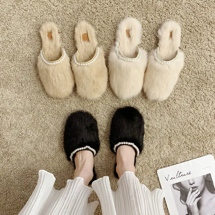Женские шлепанцы с искусственным мехом на толстой нескользящей подошве | Обувь