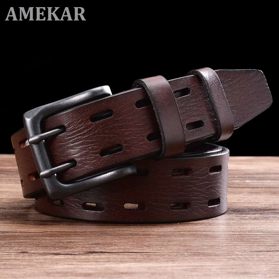 

Genuine Leather Double Pin Buckle Belt Classic Hollowed Out Belt Jeans Men Waistband