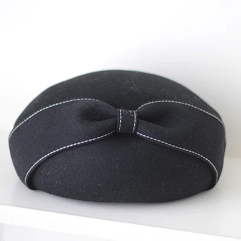 black BUTTERMERE стюардесса Pillbox головные уборы для женщин шерсть черный осень зима берет дамы бантом свадебные вуалетки шляпы - Цвет: black