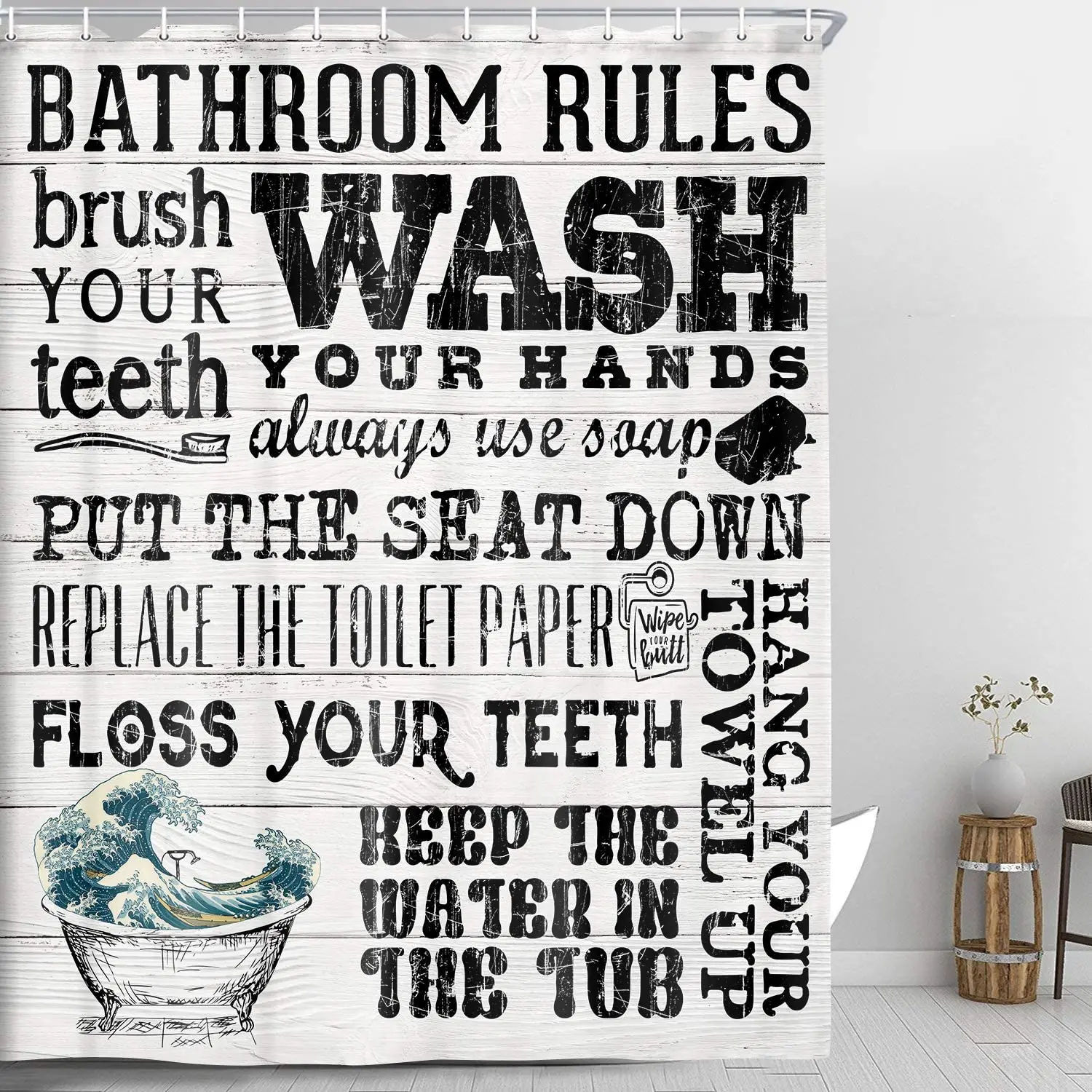 

Rustic Black and White Shower Curtain Rules Decor with Japanese Wave Funny Quotes on Wooden Board Background
