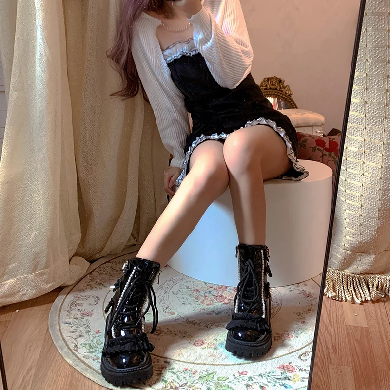 

Sweet Women's Girls Ankle Boots Modern Shoes Black Ruffle Pearls Decor Patent Leather M81