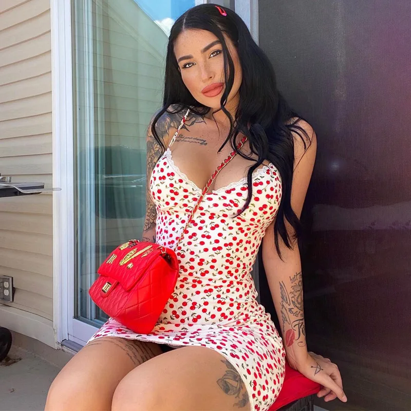 

Women's 2021 Spring Sexy V-neck Lace Cherry Print Club Bodycon Mini Dress Dropshipping Wholesale