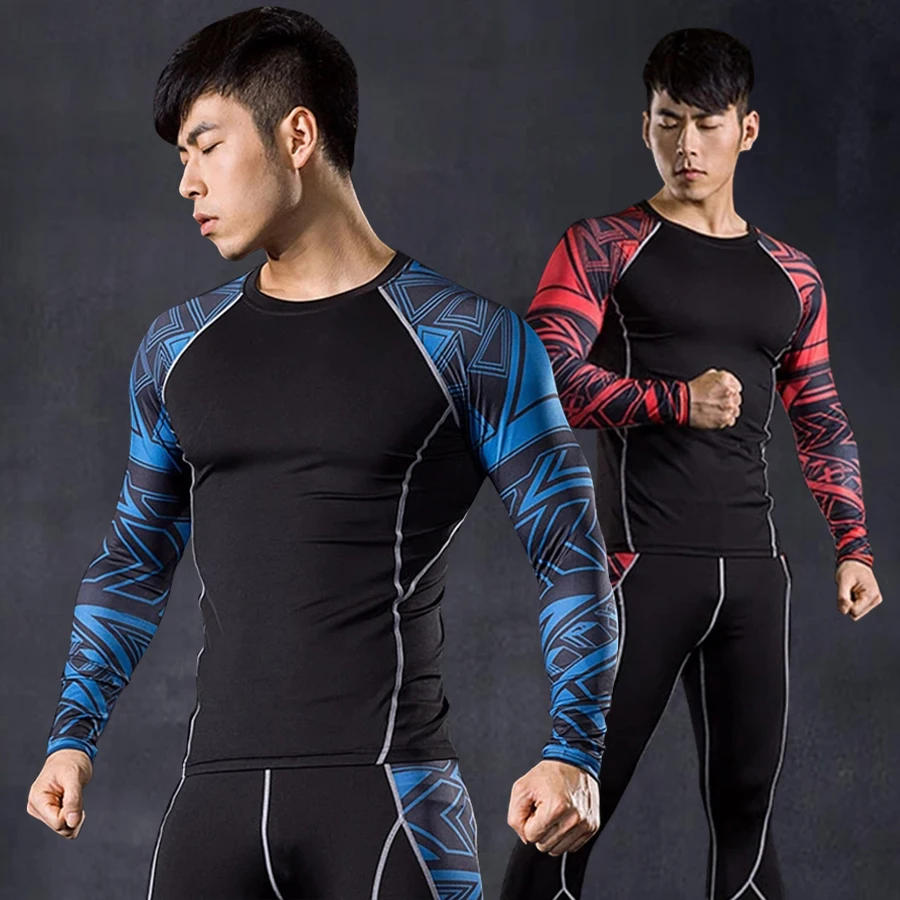 

Мужской компрессионный спортивный костюм, облегающая футболка для тренировок в тренажерном зале, уличная спортивная одежда для бега, быстр...