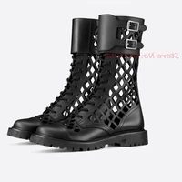 mesh hollow short boots women med block heels belt buckle round toe cross tied genuine leather booties british style shoes
