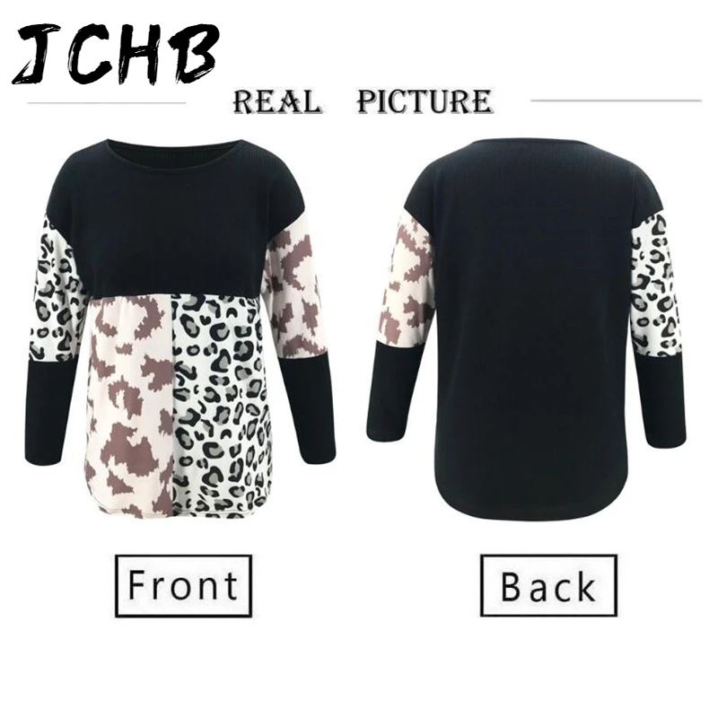 

Sleeve Long Autumn Winter O Neck Loose T-shirts Women Leopard Patchwork Casual Knitted Tees Vintage Ladies Pullover Jumper Tops