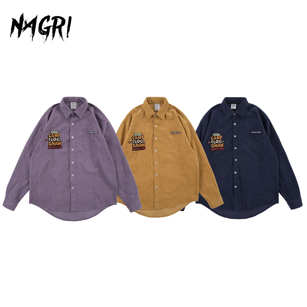 

Men Solid Shirt Long Sleeve Letter Embroidery Vintage Preppy Oversize Corduroy Shirt Korean Style Cotton Casual Shirts for Men