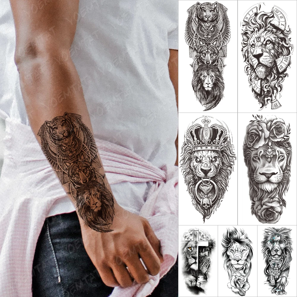 

Waterproof Temporary Tattoo Sticker Lion Wolf Wings Fox Tattoos Cross Prayer Animal Body Art Arm Fake Sleeve Tatoo Women