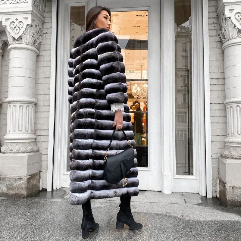 TOPFUR New 2021 Hot Sale Chinchilla Color Genuine Real Rex Rabbit Fur Natural Fur Coat Women Winter Thick Warm Elegant Overcoat